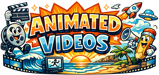 Colorful illustration featuring the words 'ANIMATED VIDEOS' with animated characters like a film reel, a pencil, and a megaphone on a beach scene. Elements include waves, a sunset, rockets, and UFOs.