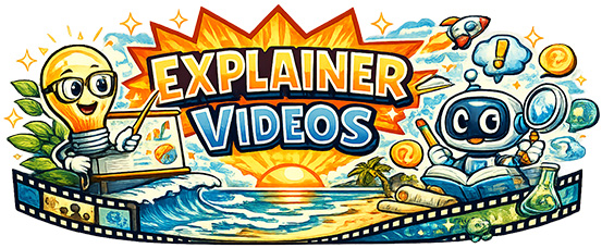A colorful illustration featuring a light bulb character and a robot, both promoting explainer videos, with a beach scene and film strip in the background.