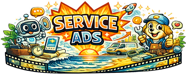Colorful illustration featuring a robot and a dog character promoting 'Service Ads', with a sunset and various service-related items in the background.