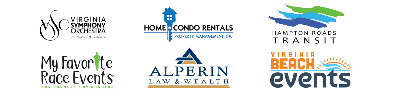 Locally Crafted Video - Logos of various organizations including Virginia Symphony Orchestra, Home & Condo Rentals, My Favorite Race Events, Alperin Law & Wealth, Hampton Roads Transit, and Virginia Beach Events.