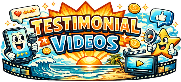 Colorful graphic featuring the words 'TESTIMONIAL VIDEOS' with animated characters such as a smartphone and a star, surrounded by beach and sunset imagery.