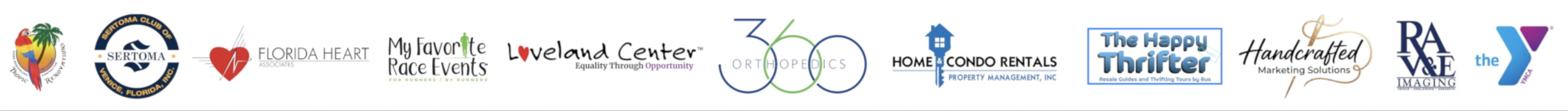 A row of various logos representing different organizations and businesses, including those related to community events, heart health, rental properties, and marketing solutions.